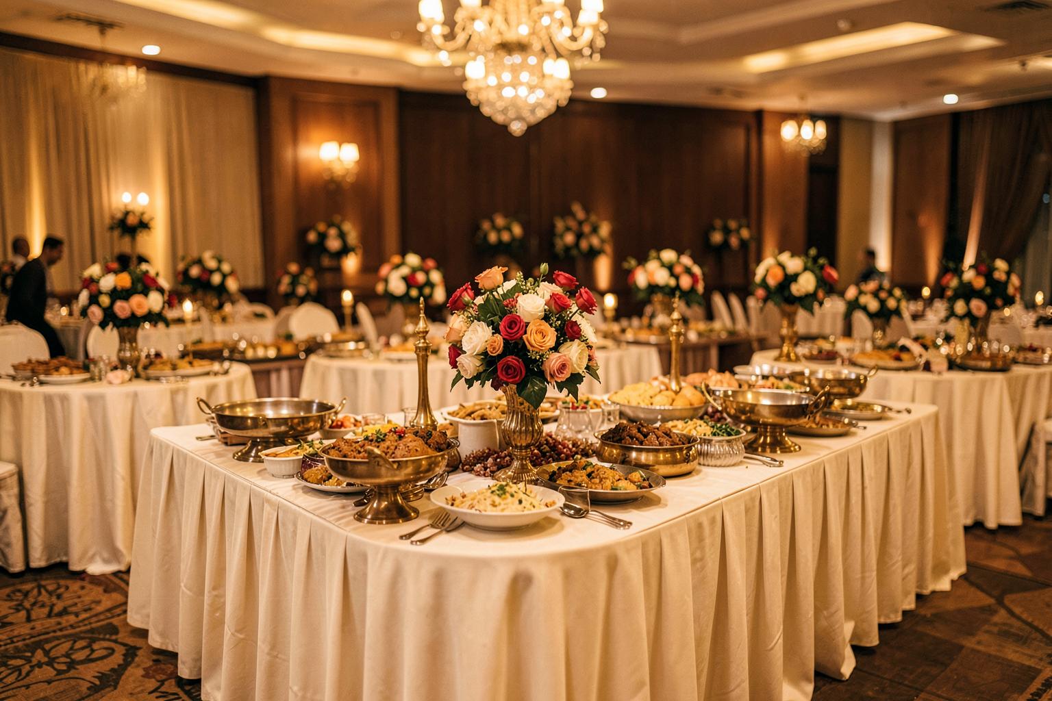 Dining area with buffet counters at a wedding in Kharar