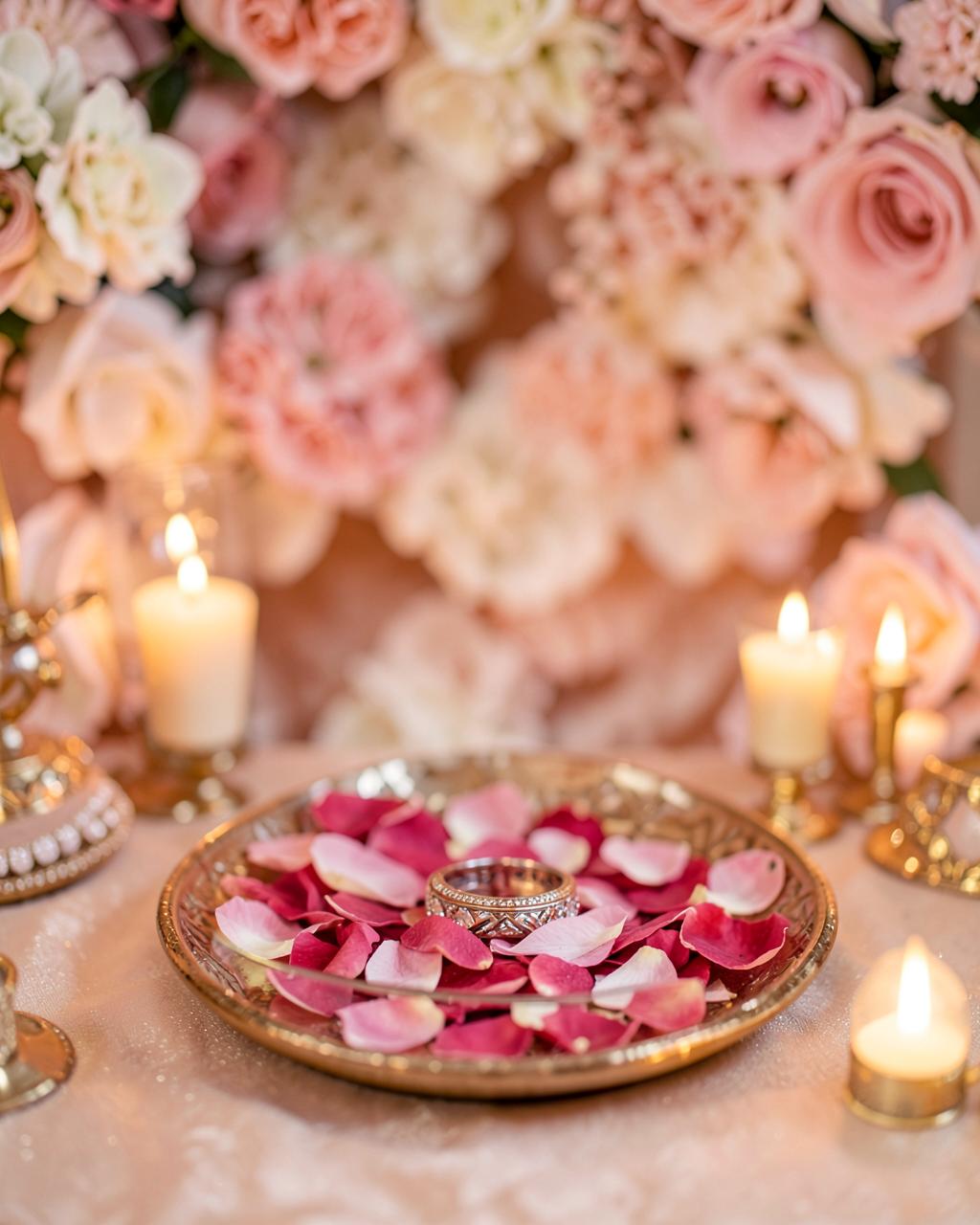 Ring ceremony platter with rose petals at an engagement