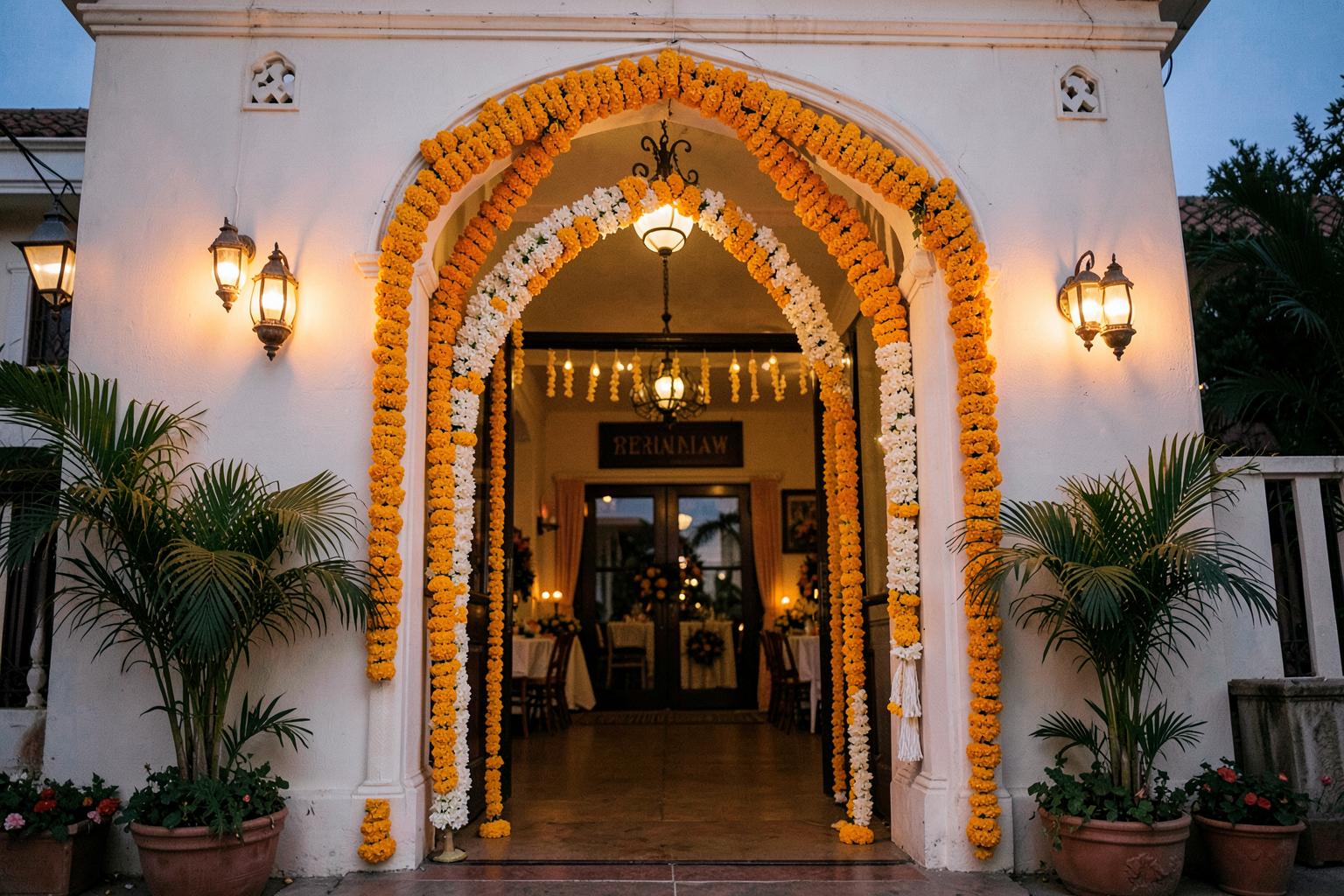 Marigold-decorated entrance of the banquet hall in Kharar