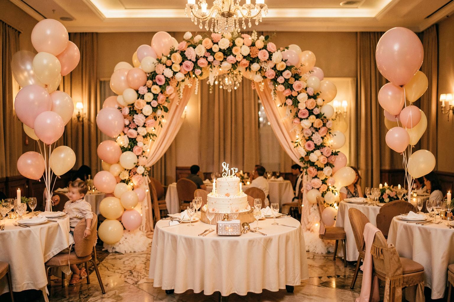 Family celebration setup with floral arch and cake