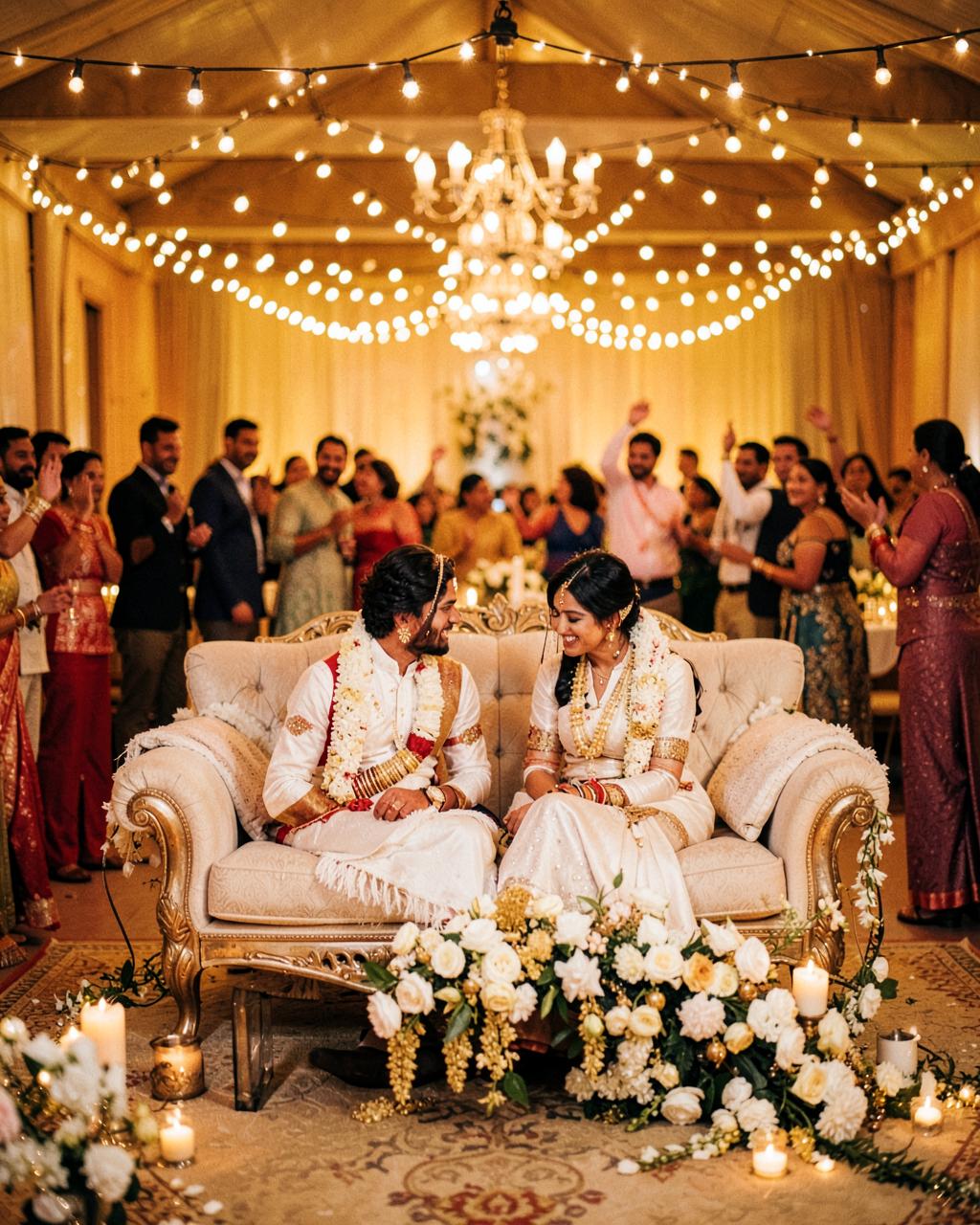 Couple seated on the reception stage under fairy lights