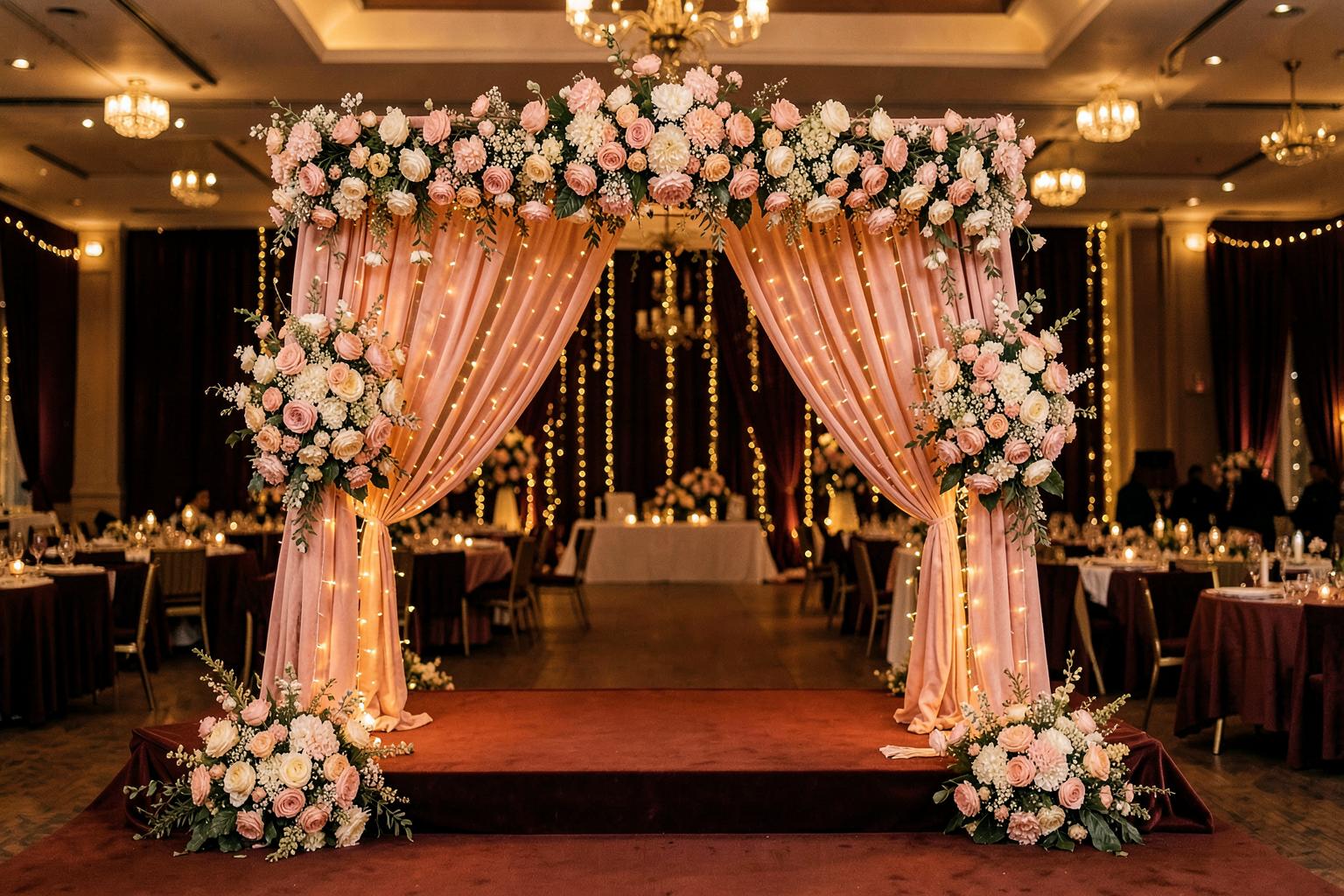 Floral wedding stage with blush drapes at Katani's Sunny Club